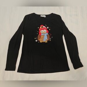 Kim Rogers Holiday Top - Black Applique Owl Long Sleeve - Size M Medium
